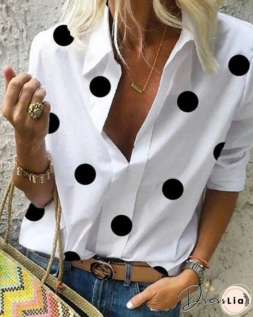 Polka Dot A Lapel Long Sleeve Blouse