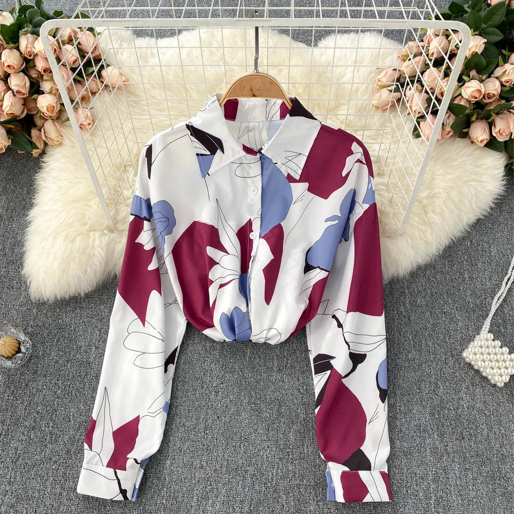 Female French Print Blouse Turndown-Collar Single Breasted Loose Casual Tops New Korean Chic Streetwear Autumn Blouses