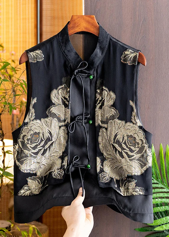 Handmade Black Stand Collar Embroideried Button Silk Cardigans Sleeveless