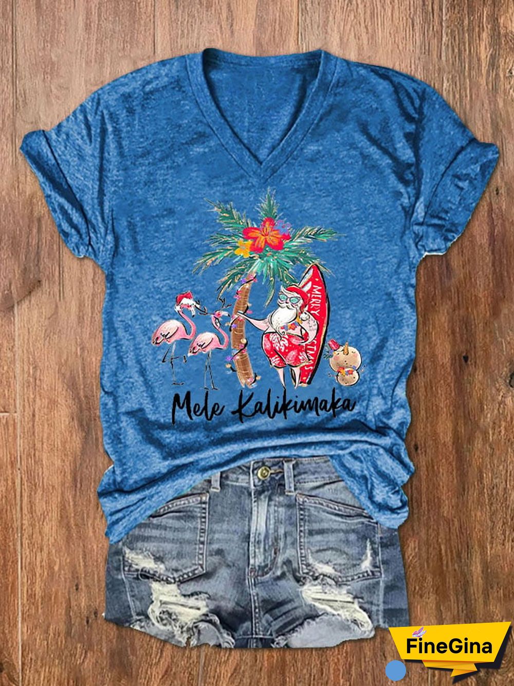 Women's Mele Kalikimaka Hawaii Christmas Print V-Neck T-Shirt