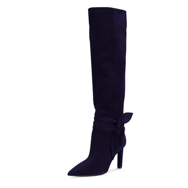 Dark Purple Vegan Suede Bow Detailed Calf Length Fall Boots |FSJ Shoes