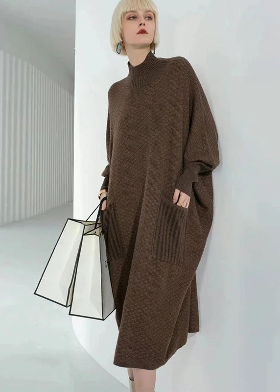 Elegant Coffee Turtle Neck Patchwork Pockets Wool Sweater Dress Long Sleeve