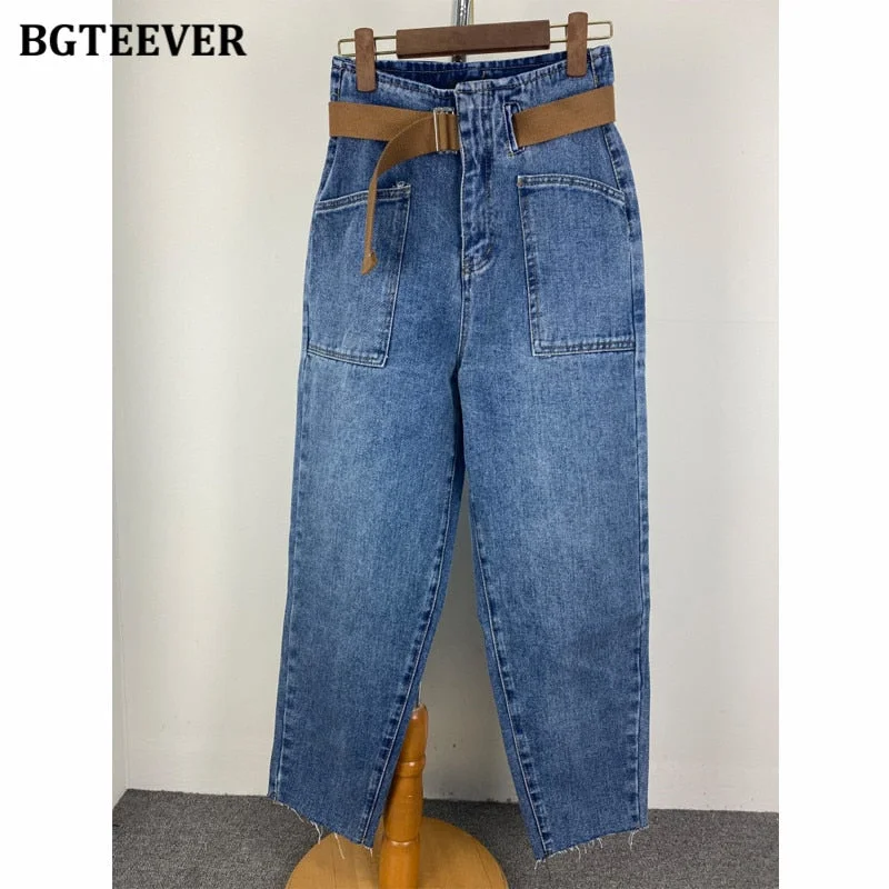 BGTEEVER 2021 Fashion Belted Harem Jeans Pants Women Vintage Ankle Length Denim Baggy Mom Jean Loose Washed Trousers Mujer