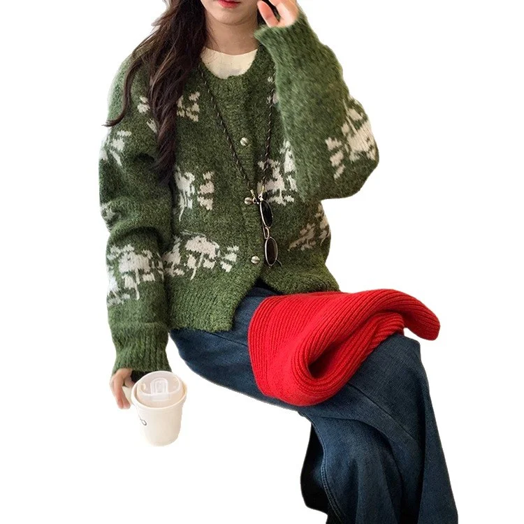 Athvotar Athvotar Vintage Fair Island Jace Sweater Women's Autumn/Winter New Lazy Wind Heavy Industry Snowflake Short Cardigan T-Shirt Tide