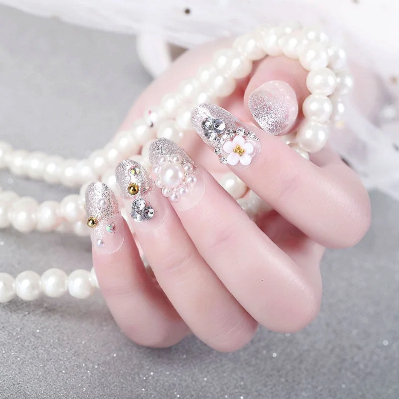 Wedding Beauty Fake Nails DIY Glitter Acrylic Full Cover Nail Art Tips with Glue Girls Shining Rhinestones Fashion False Nail-Nail Inspo