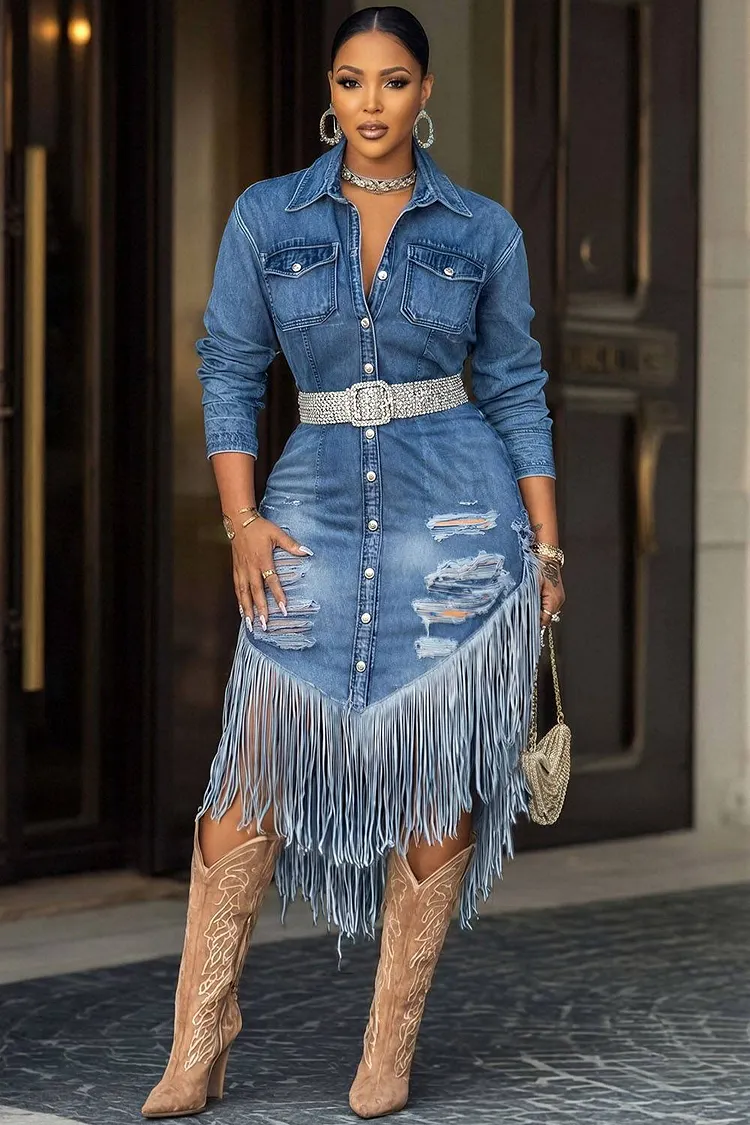 Xpluswear Design Plus Size Party Blue Shirt Collar Long Sleeve Strappy Ripped Denim Midi Dresses [Pre-Order] 2024 - Xpluswear