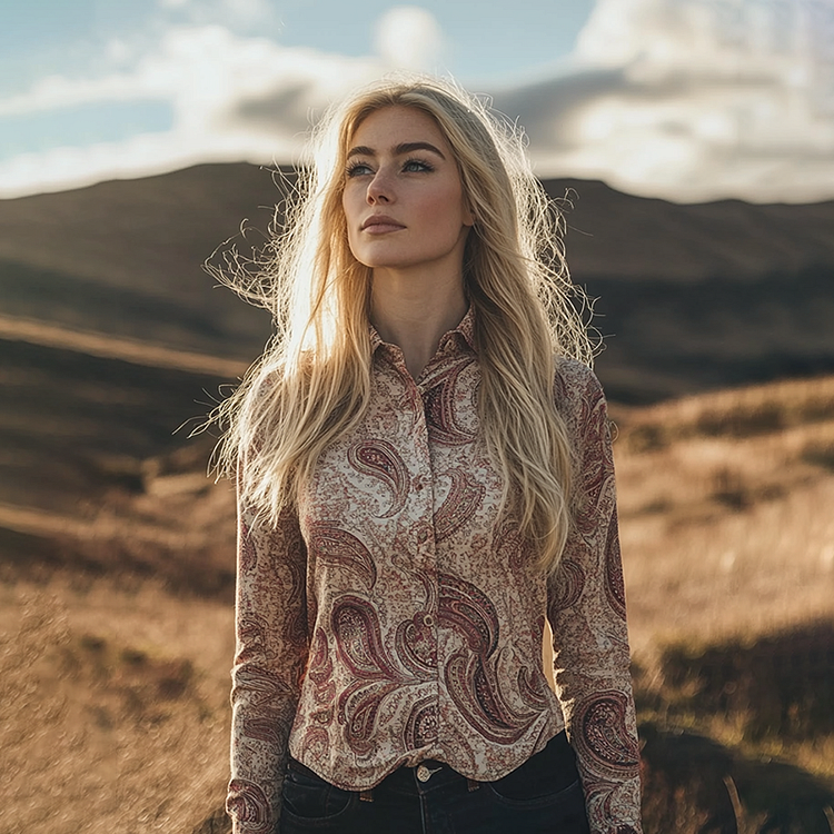 Paisley Pattern Style Linen Print  Long Sleeve Shirt