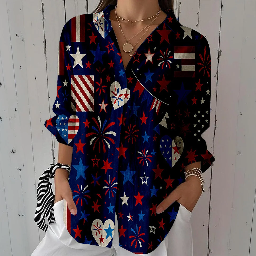 Style & Comfort for Mature Women Women  Independence Day, Star, Striped, Blue, Red DZCL0230 3/4 Sleeve Shirt Collar Printed Button Tops