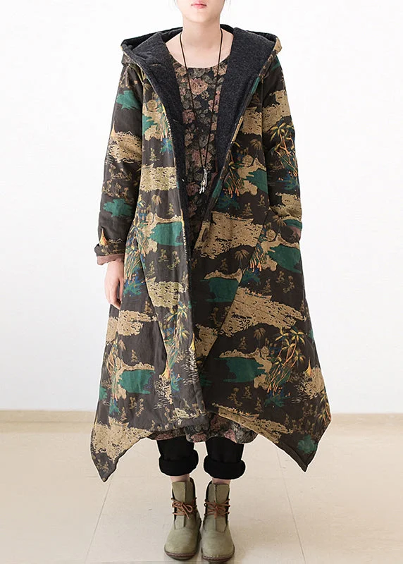 Casual Yellow Print Warm Thick Hooded Long Parka Coats Winter