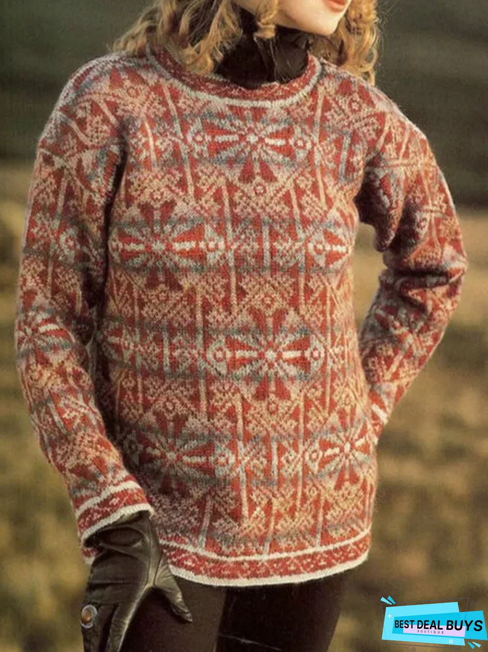 Red Geometric Round Neck Long Sleeve Sweater