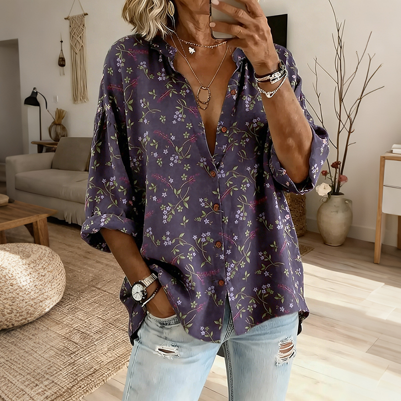 Women's Vintage Floral Pattern Art Print Flowy Linen Blend Shirts elevenforest
