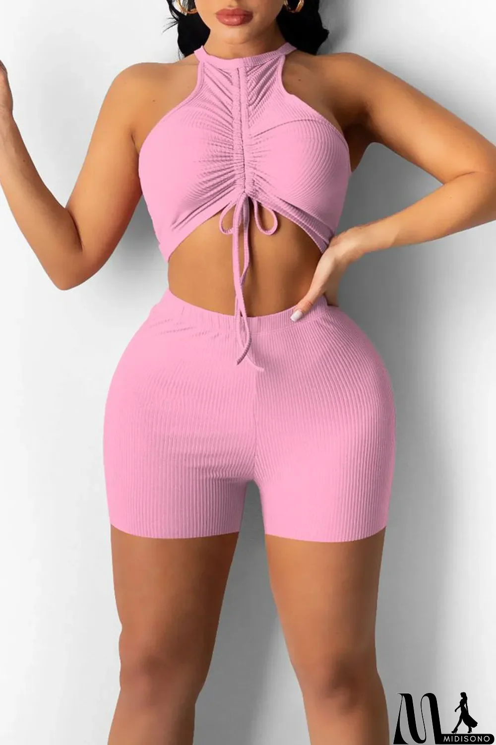 MidiSono - Red Sexy Sportswear Solid Patchwork Draw String Fold O Neck Sleeveless Two Pieces