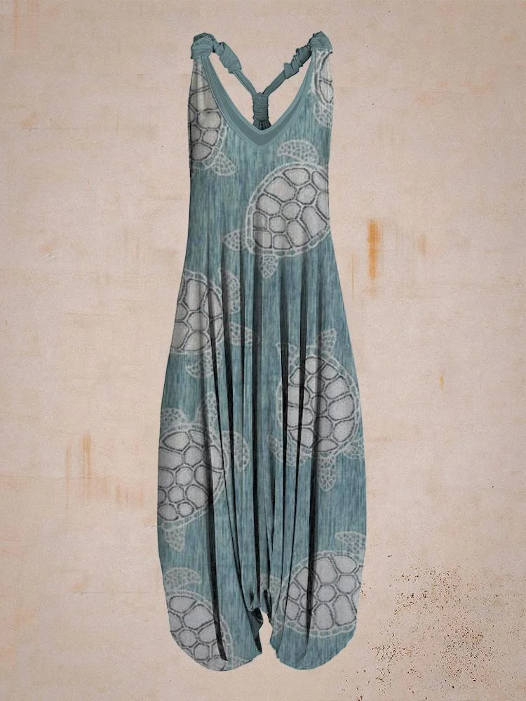 Women Summer Cute Blue Turtle Print Sleeveless Harem Jumpsuit