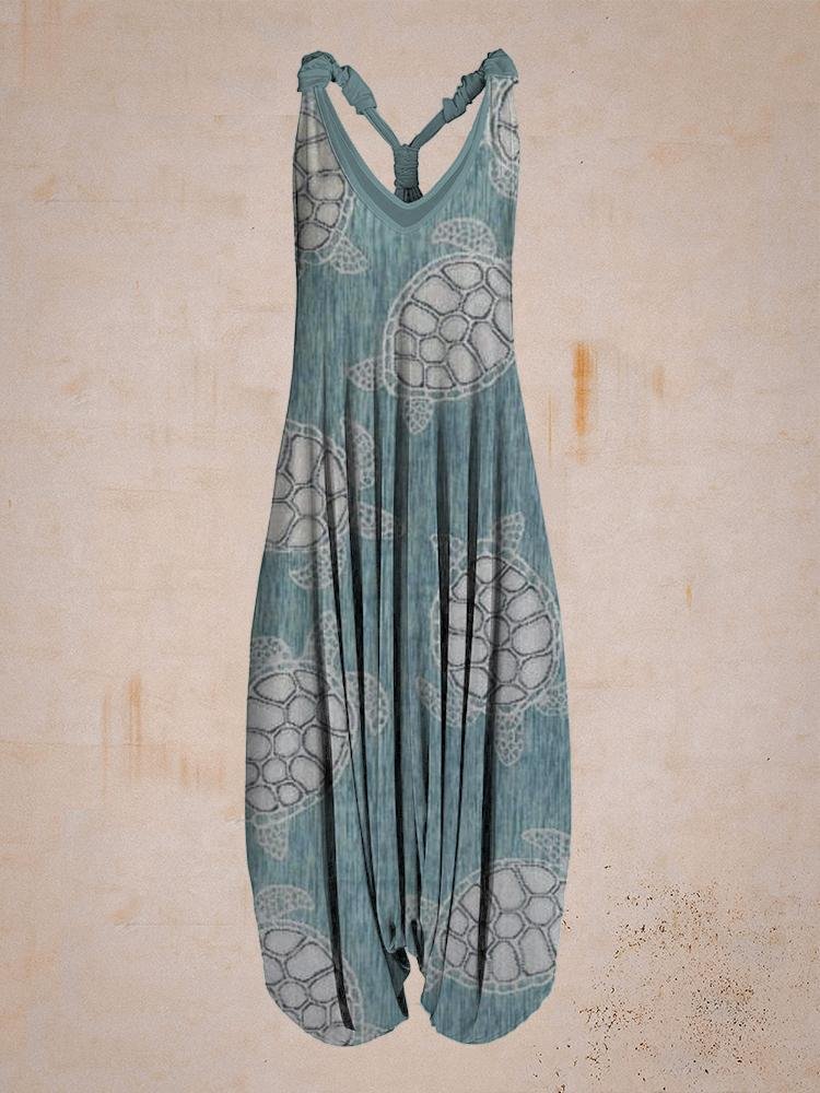 Women Summer Cute Blue Turtle Print Sleeveless Harem Jumpsuit
