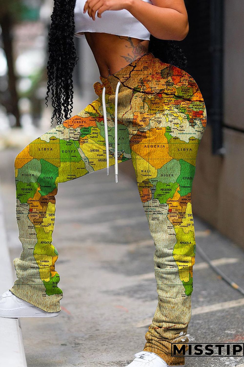 Cyan Casual Print Fold Regular Mid Waist Conventional Full Print Trousers