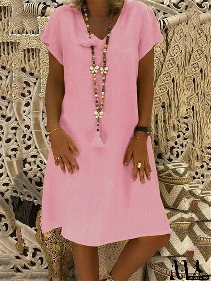 MidiSono - Women's Cozy Short Sleeve Midi Length Shift Dress