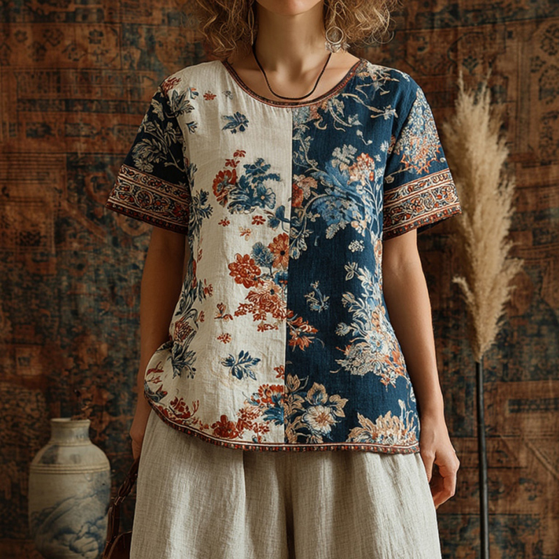 Comstylish Women's Retro Floral Pattern Color Block Top