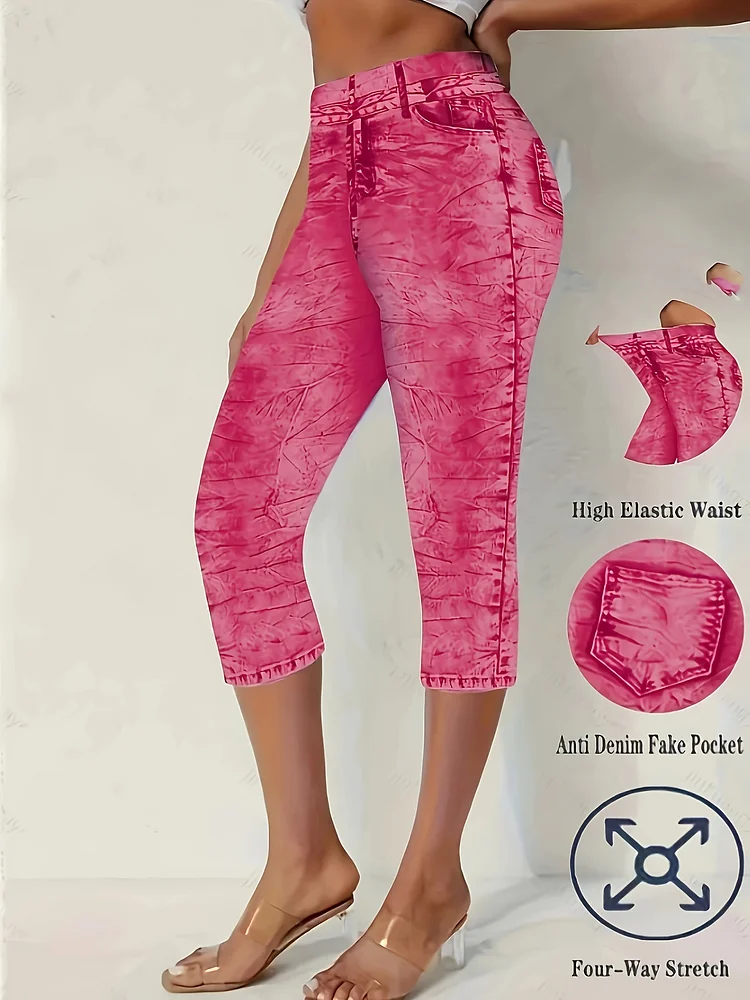 Women's Elegant Faux Denim Print Capri Leggings - High Elastic Waist, Anti-Faux Denim, Four-Way Stretch, Perfect For Spring/Summer/Fall, Adult Casual Wear, Spring Fashion | Playful Print | Polyester Fabric