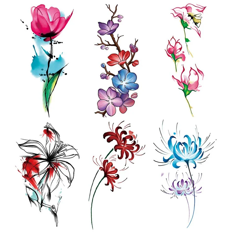 6 Sheets Flower Watercolor Temporary Tattoo Sticker