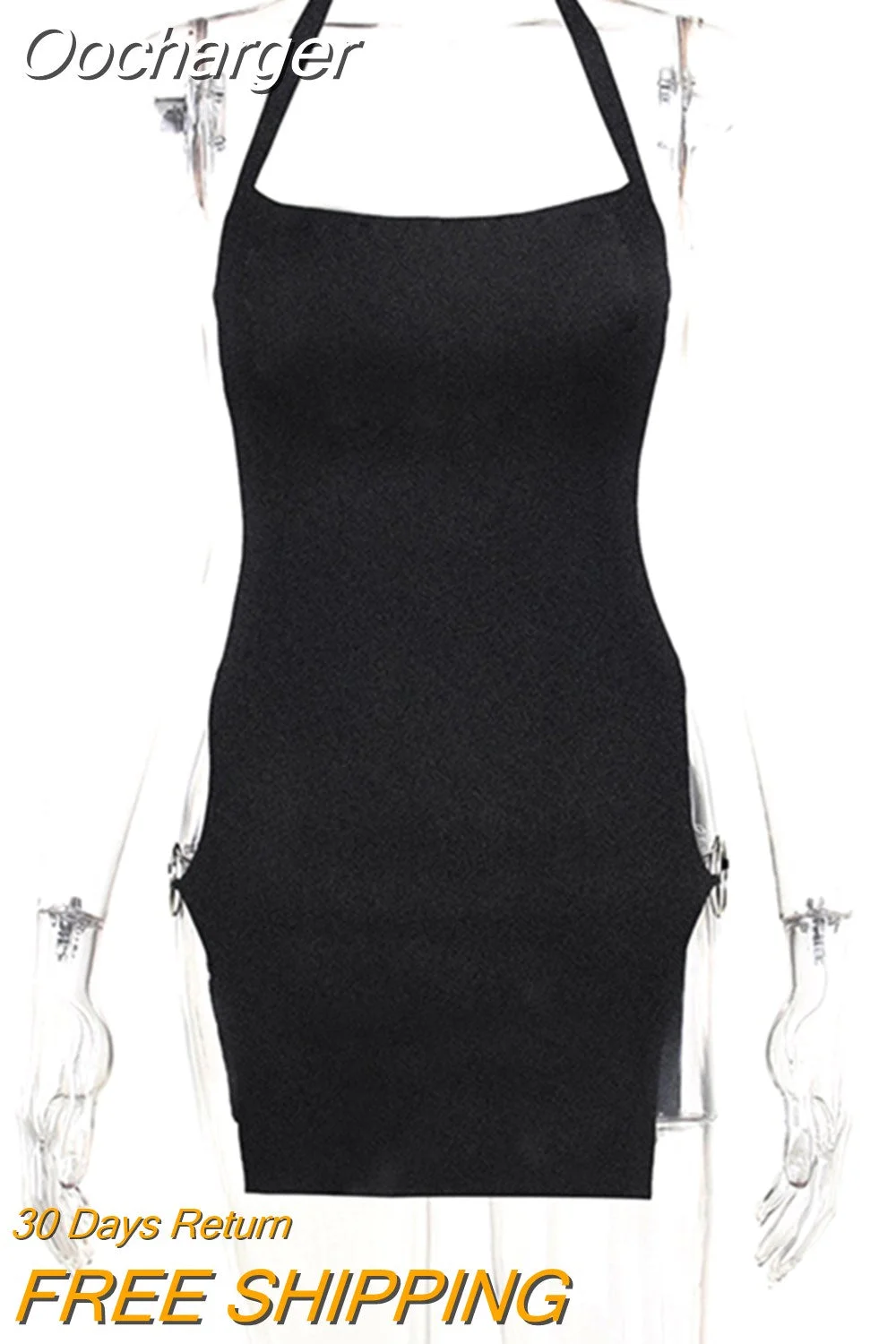 Oocharger Metal Circle Split Mini Dress For Women 2023 Summer New Black Halter Backless Sleeveless Bodycon Short Dress Vestidos