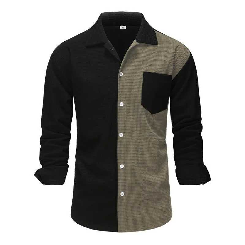 Men's Color Block Long Sleeve Corn Check Corduroy Lapel Shirt