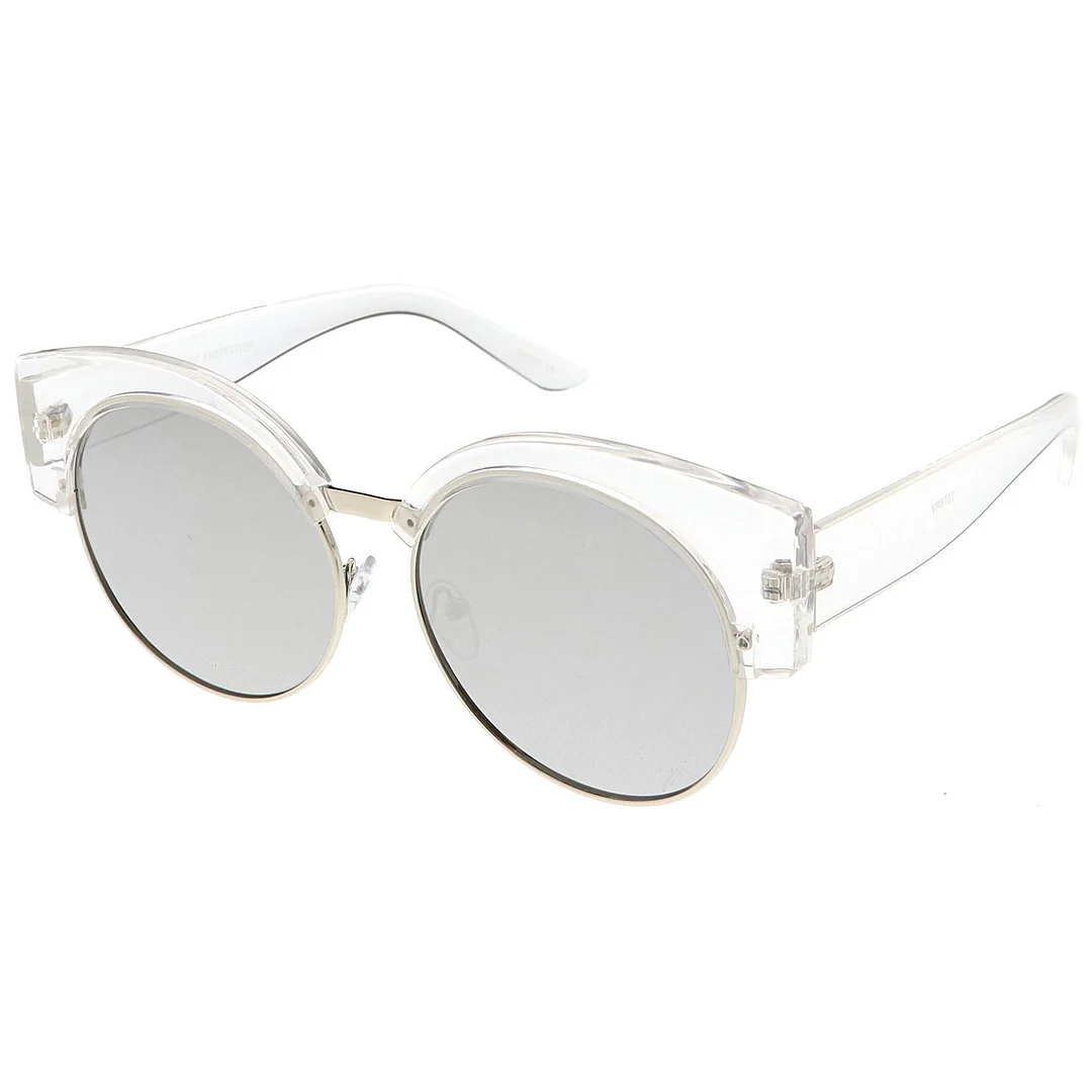 Women's Half Frame Oversize Cat Eye glasses Round Mirrored Flat Lens 59mm
