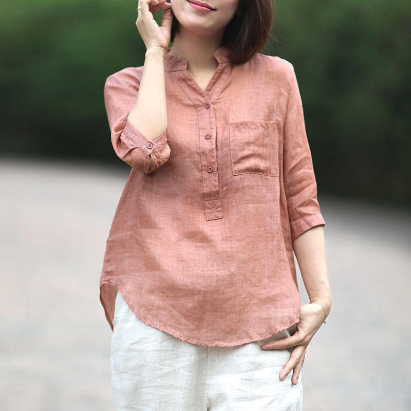 Vintage Female Loose V-Neck Cotton Linen Shirts