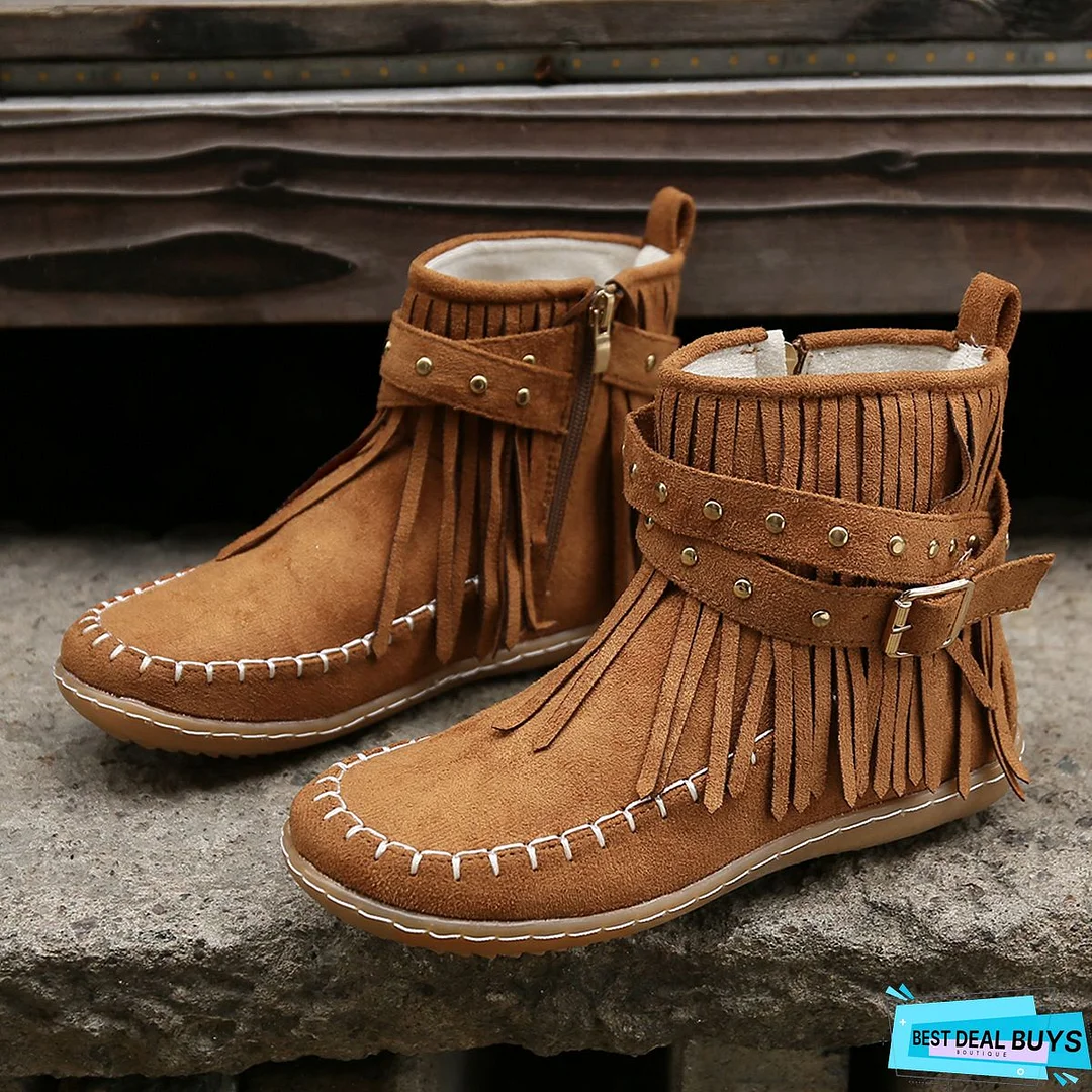 Brown Winter Flat Heel Tassel Boots