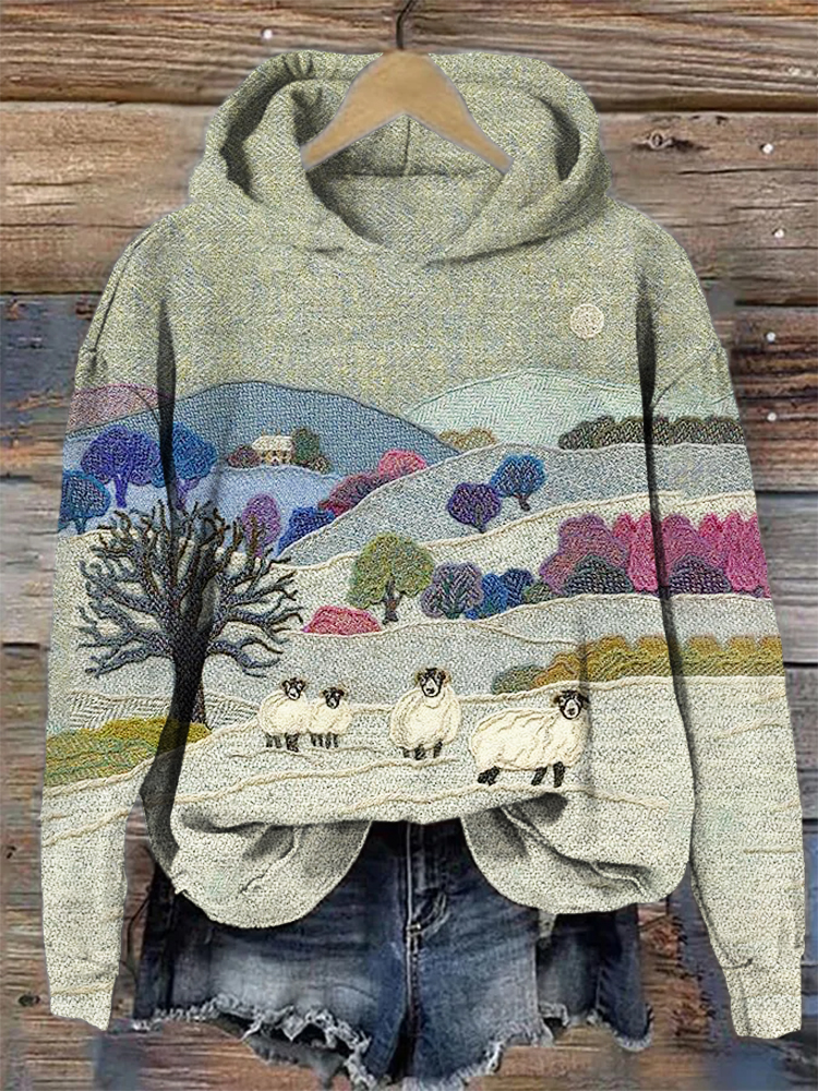 Field & Sheep Pattern Hooded Sweatshirt wearshes