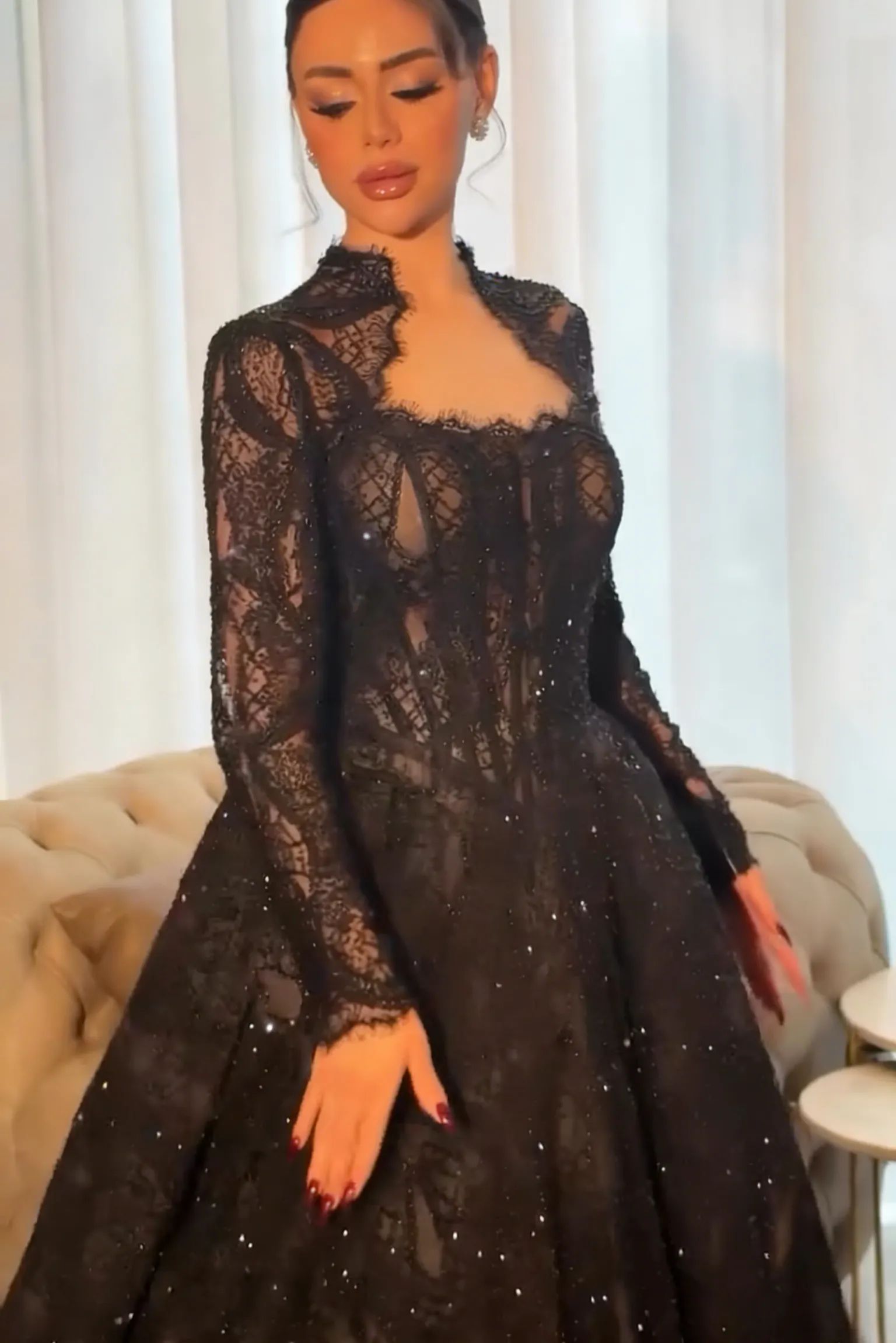 Lussooy Stunning Black Lace Long Sleeves High Waist Prom Dress with Sequins 