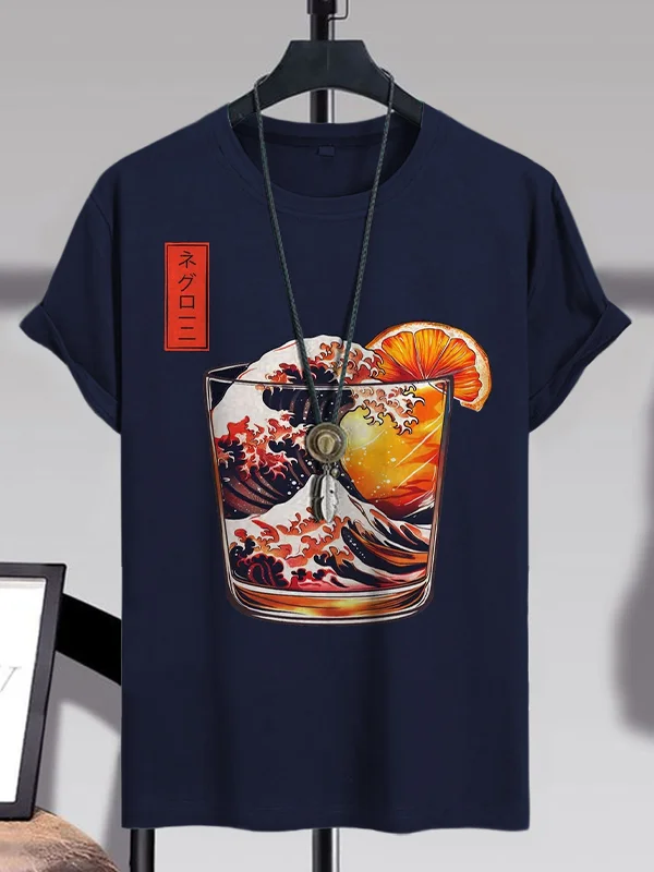 Men's The Great Negroni Wave Fun Cocktail Art Print Cotton Casual T-Shirt