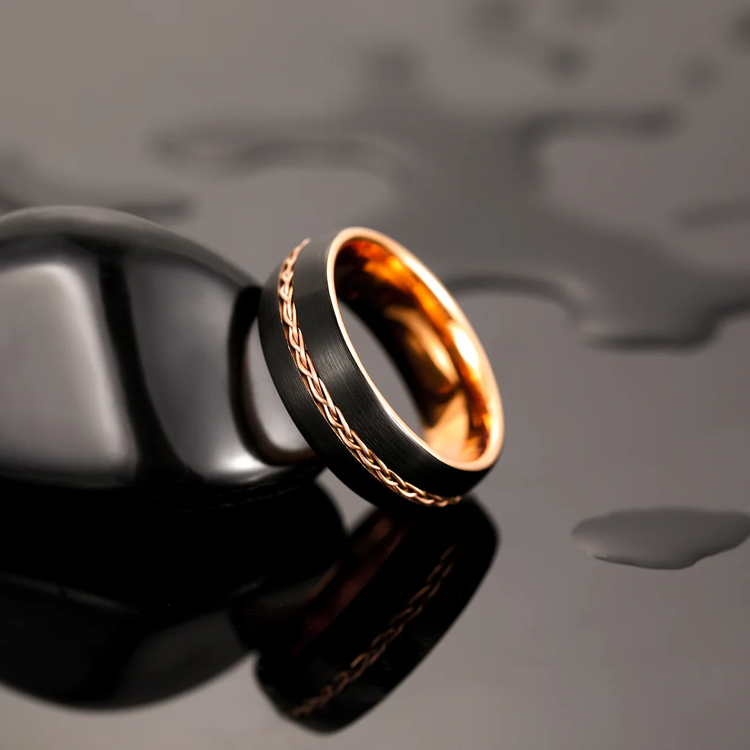 8MM Tungsten Rings Gunmetal Domed with Gold Steel Wire Inlay Line Brushed Surface Men Wedding