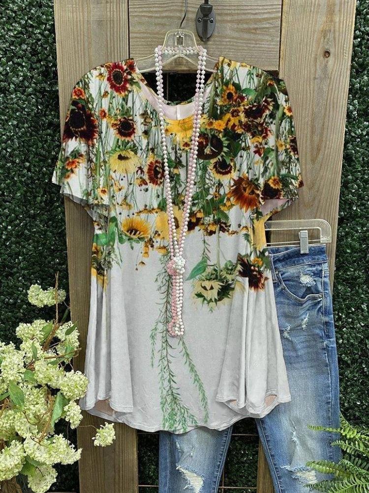 Elegant Women'S Sunflower Print Casual Short Sleeve T-Shirt