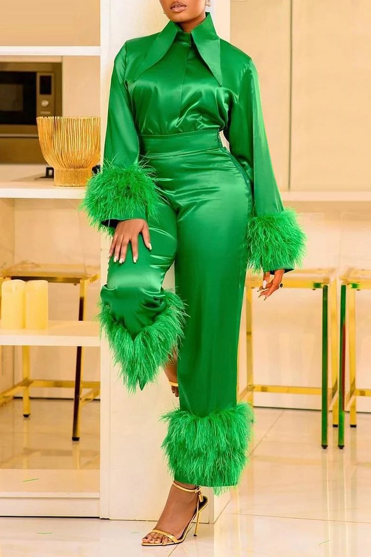 Xpluswear Plus Size Satin Green Feather Shirts Straight Trousers Two Pieces Pants Set [Pre-Order]
