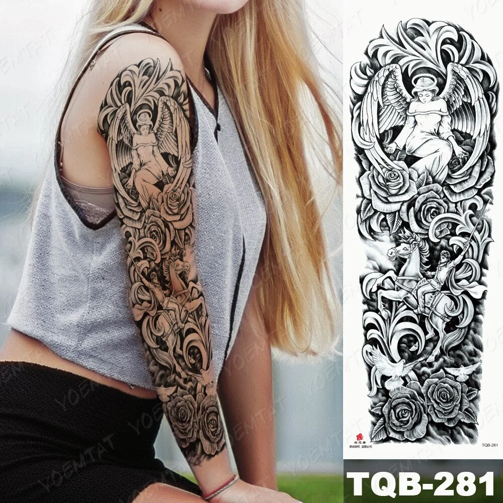 Sdrawing Arm Waterproof Traditional Temporary Tattoo Stickers Women Men Black Line Flowers Koi Crane Thigh Body Art Fake Tattoos