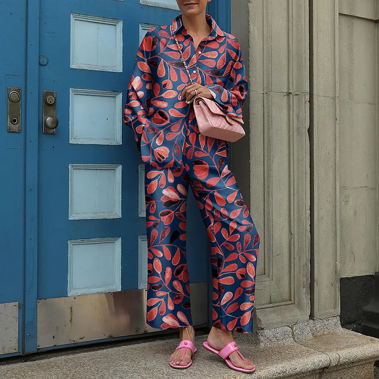 Fashion Print Long Sleeve Lapel Shirt Two Piece Set