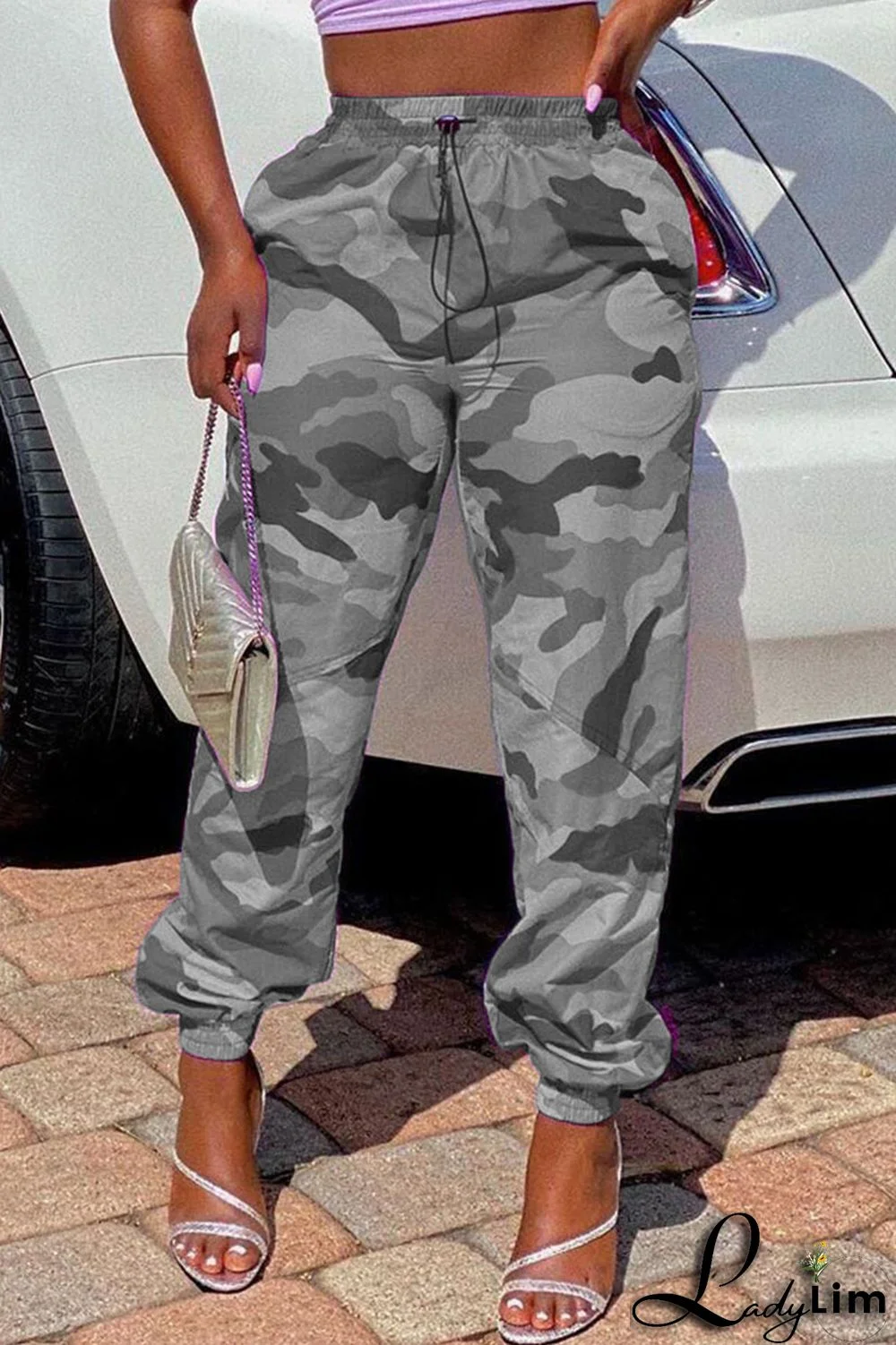 Grey Pink Elastic Fly Mid camouflage Straight Pants Bottoms