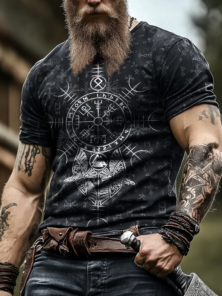 Viking Valdara Tattoo Rune Totem Design Crew Neck Print Short Sleeve