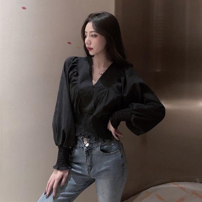 V Neck Vintage Blouse Women Puff Sleeve Top Tunic White Shirt Ruffle Autumn Winter Basic White Tee Shirt High Waist 2021 New