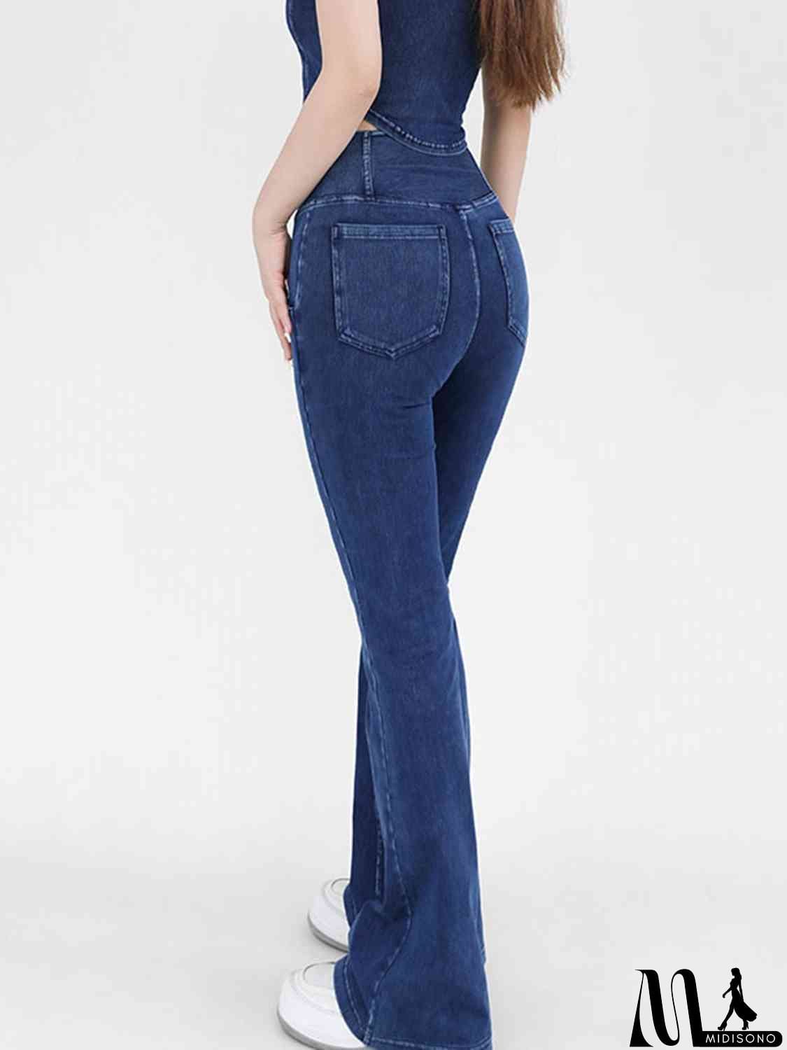 MidiSono - Wide Waistband Bootcut Jeans with Pockets
