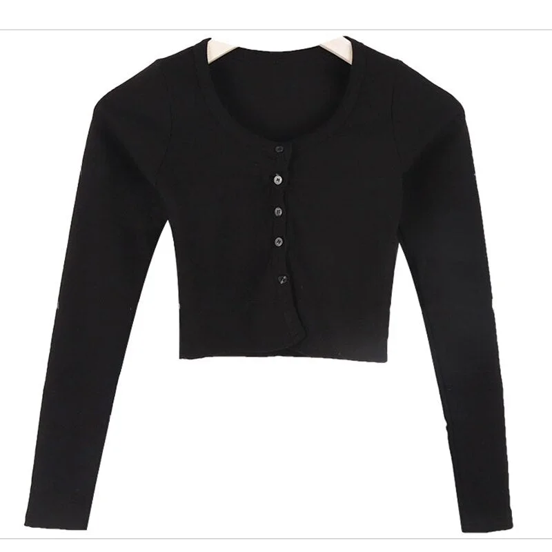Christmas Gift Casual Solid U-Neck Long Sleeve Crop Top Women Side Button White T-Shirt Female Slim Tee Shirt Top for Women Clothing 2021
