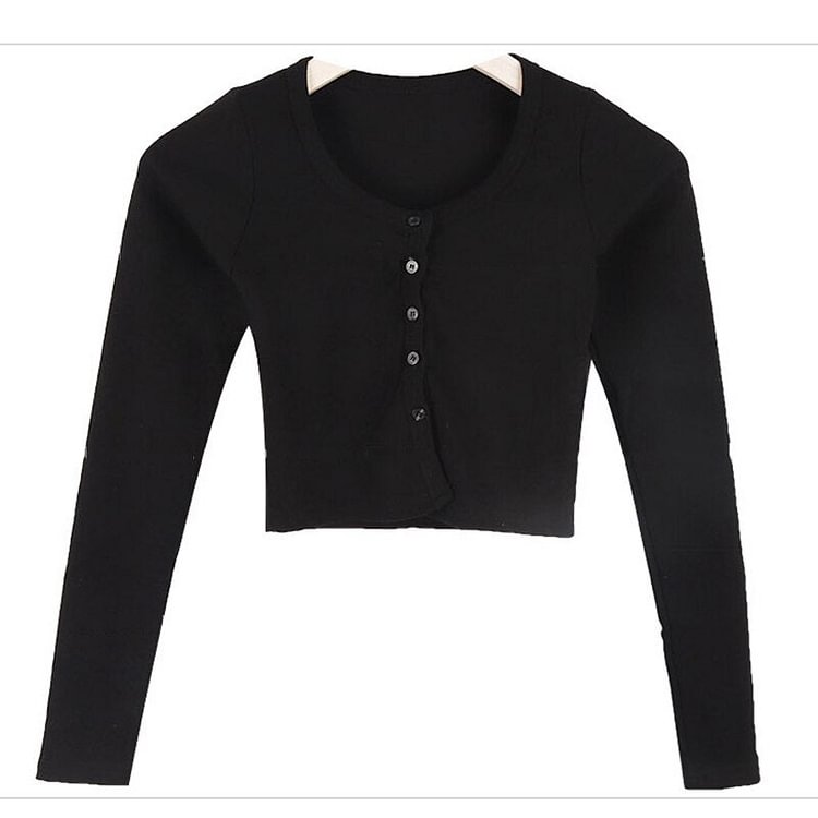 Christmas Gift Casual Solid U-Neck Long Sleeve Crop Top Women Side Button White T-Shirt Female Slim Tee Shirt Top for Women Clothing 2021 - BlackFridayBuys