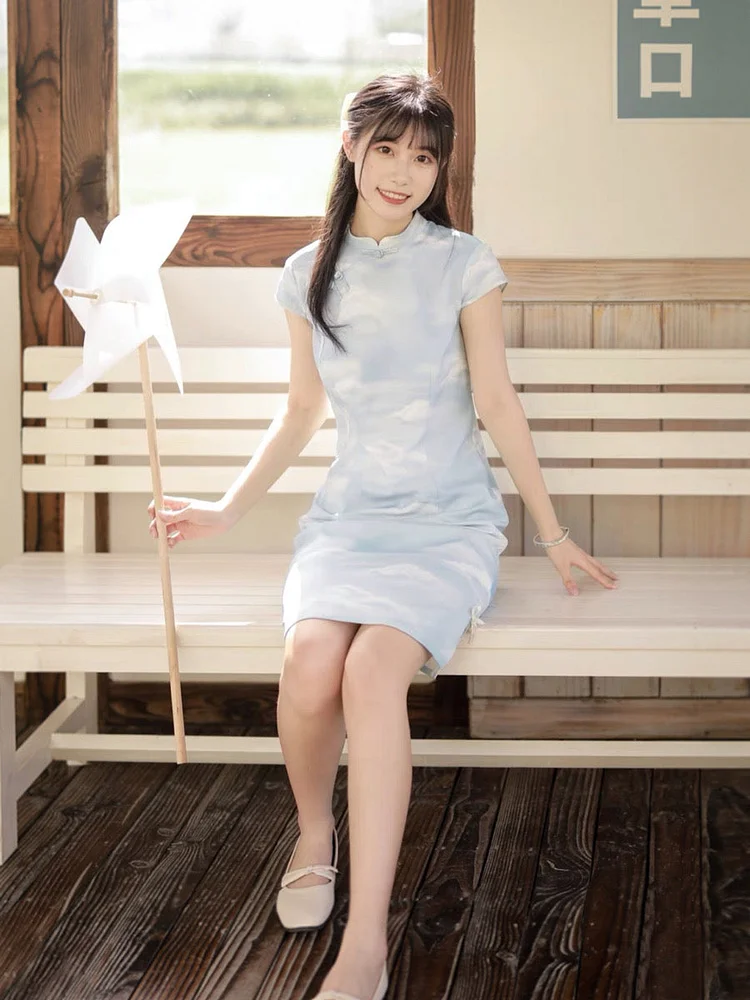 Kawaii Sky Blue Cheongsam Dress BE1158