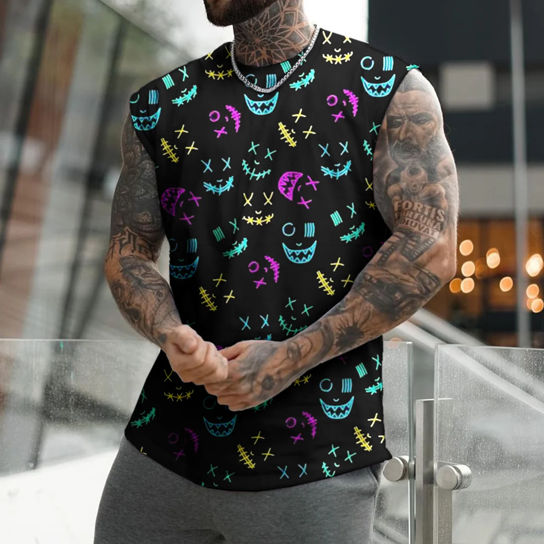 Men's Fashion Colorful Smiley Print Sleeveless T-Shirt Tank Top