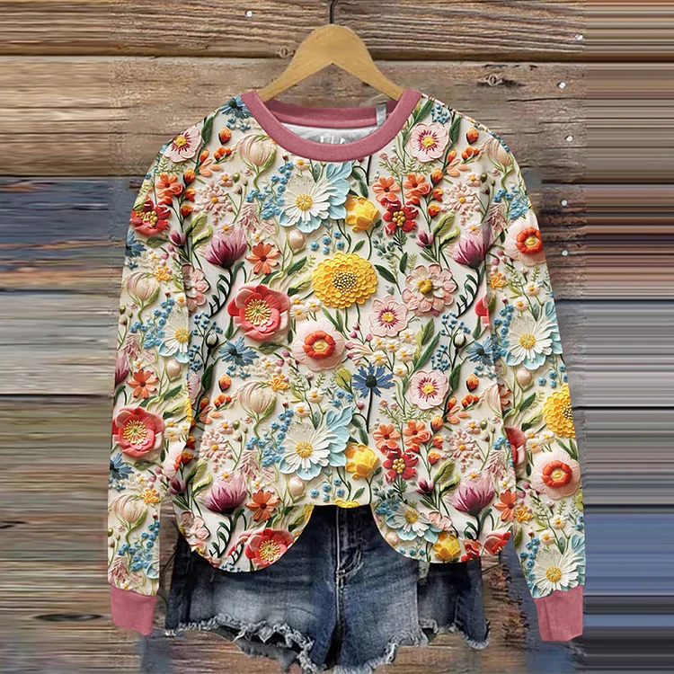 VChics Women's Vintage Colorful Floral Art Casual Sweatshirt