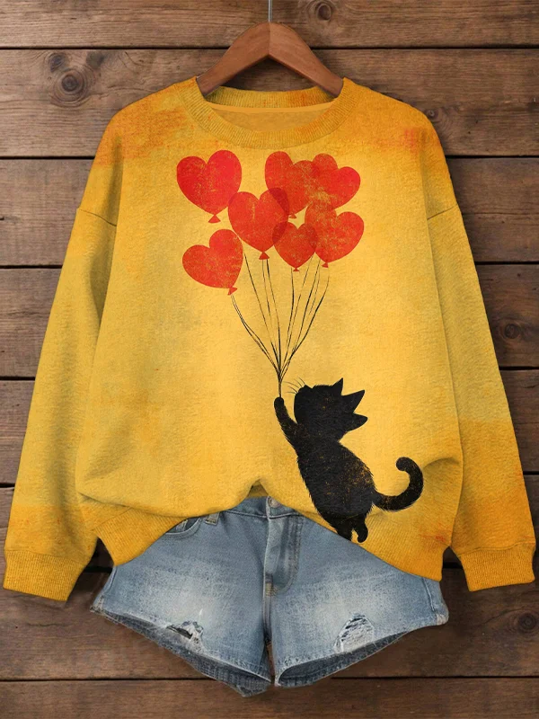 Women's Black Cat And Love Balloon Pattern Casual Sweatshirt
