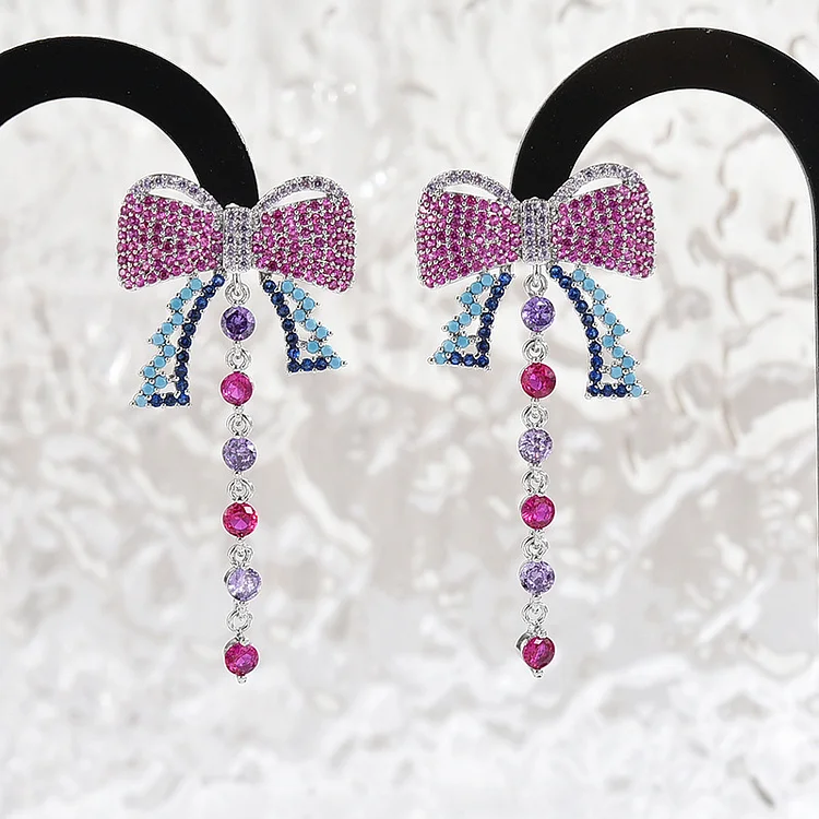 French Minority Design Earrings Affordable Luxury Fashion Earrings Sterling Silver Needle Colorful Zircon Bow Tassel Earrings