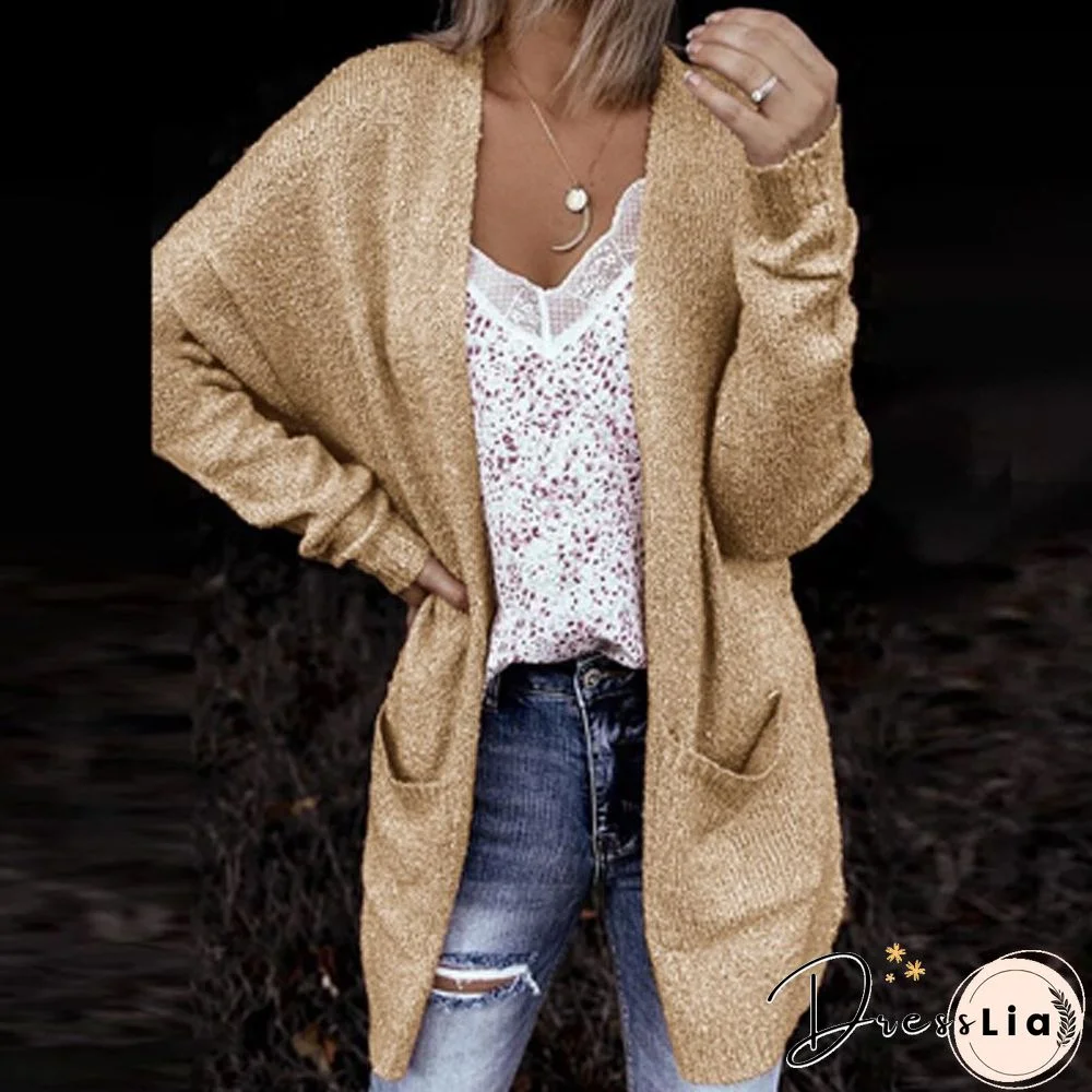 New Fashion Commute Long Jacket Jumper Elegant Casual Solid Color Knit Outerwear Autumn Winter Long Sleeve Pocket Loose Cardigan