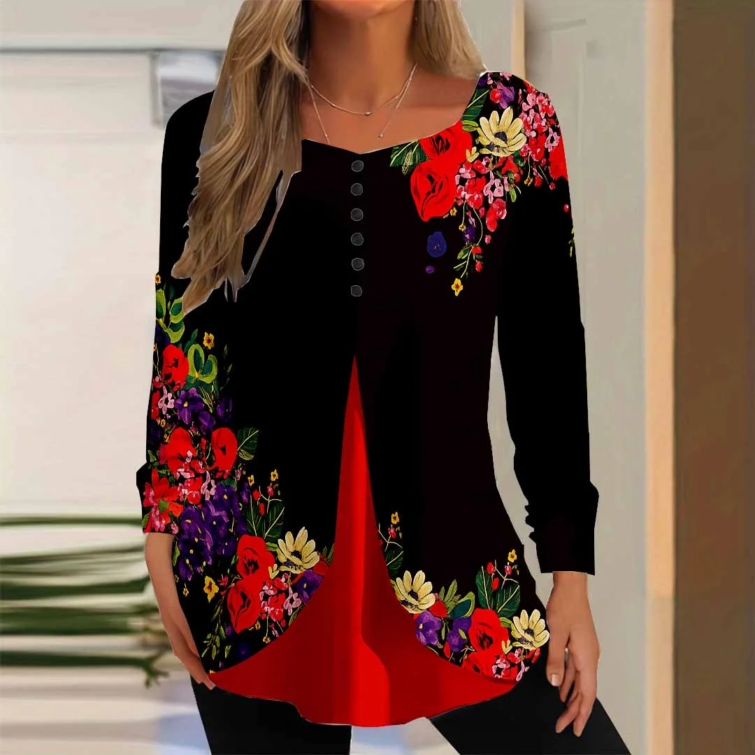 Women Floral,Black DZGG8317 Long Sleeve Scoop Neck Printed Graphic Button Fake 2in1 Tops