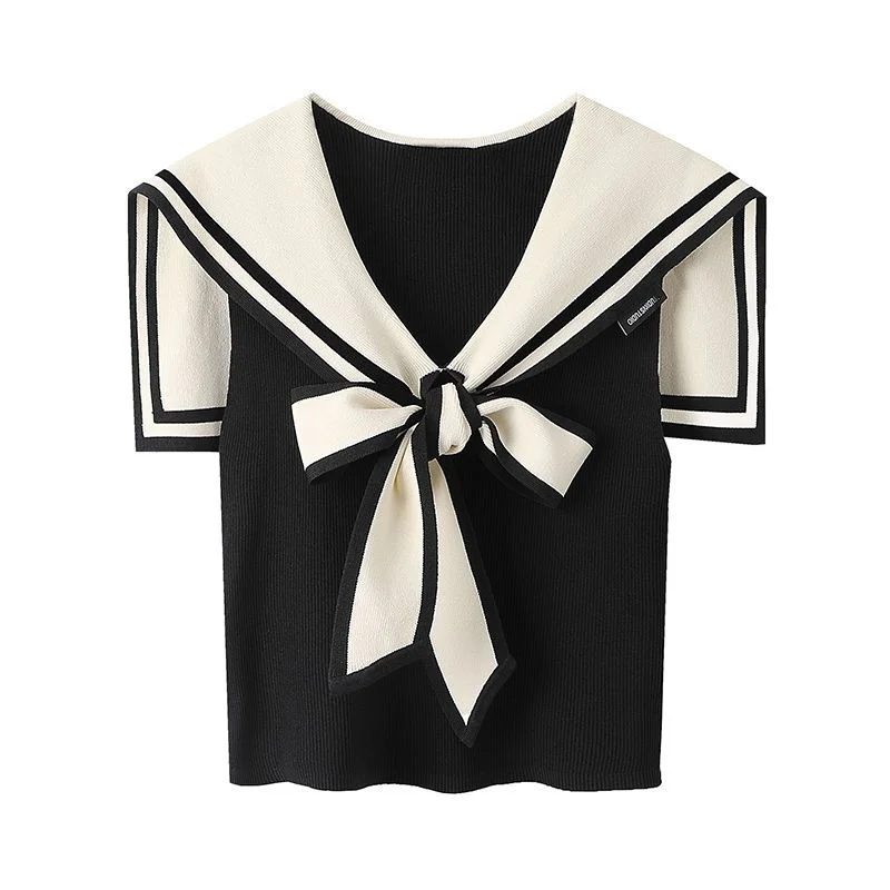Nigikala Sweaters Vest for Women V-neck Sleeveless Sailor Collar Knitted Tops Chaleco Mujer Summer Thin Korean Fashion Tanks 7g532